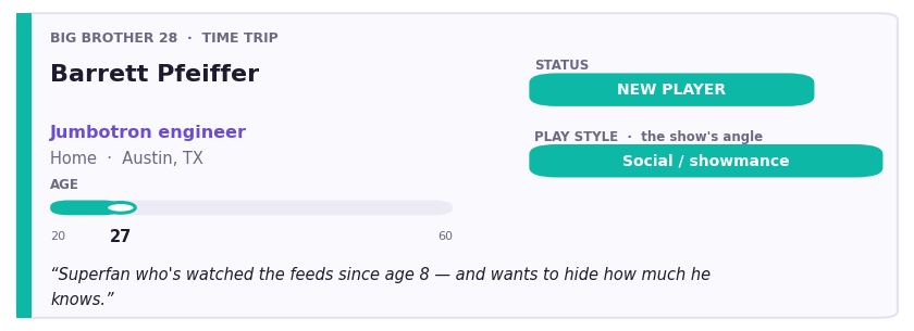 Factual profile card for Barrett Pfeiffer: age 27, Jumbotron engineer from Austin, TX; a new player and lifelong superfan hiding how much he knows.