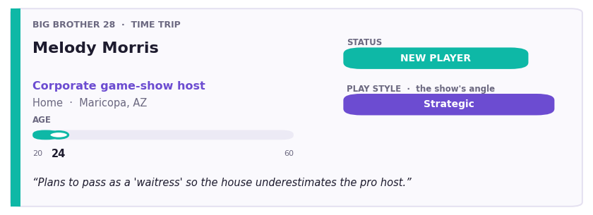 Factual profile card for Melody Morris: age 24, corporate game-show host from Maricopa, AZ; a new player framed as strategic and happy to be underestimated.