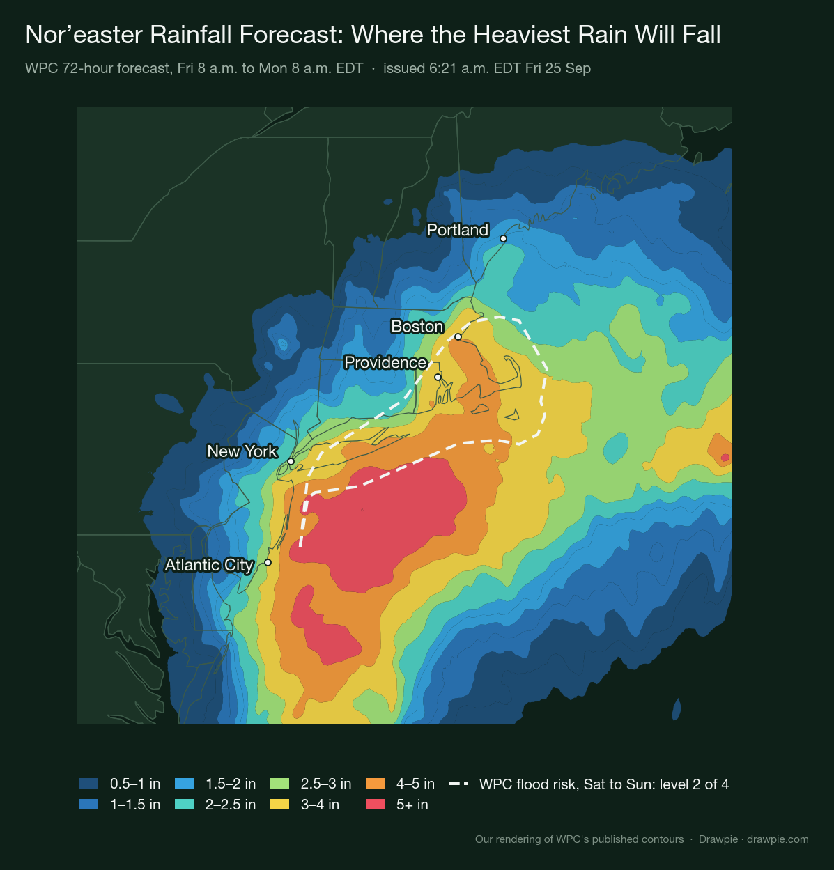 Map of the Weather Prediction Center&rsquo;s 72-hour rainfall forecast from New Jersey to Maine