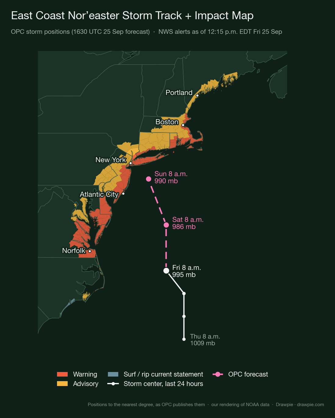 Map of the nor&rsquo;easter&rsquo;s track off the East Coast and the NWS warnings and advisories in force along the coast